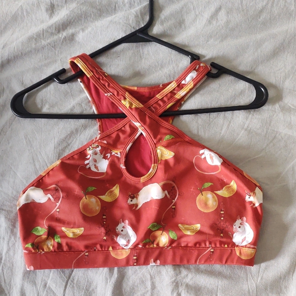 Red Sports Bra with Mouse and Orange Print